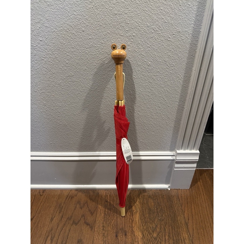 Cute VTG Frog Face Handle Umbrella Shaw Creations Red Wood Handle Whimsy Novelty - Picture 3 of 8